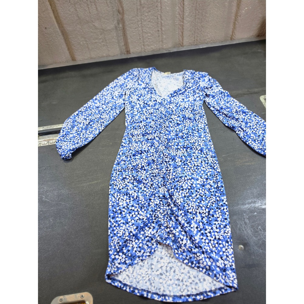Michael Kors Blue Floral Ruched V-Neck Long Sleeve Romantic Boho Dress Size S